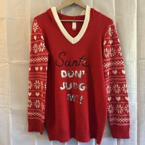 Christmas Sweater Womens XL 15/17 Red Santa Hood Fair Isle Sequin Ugly Holiday
